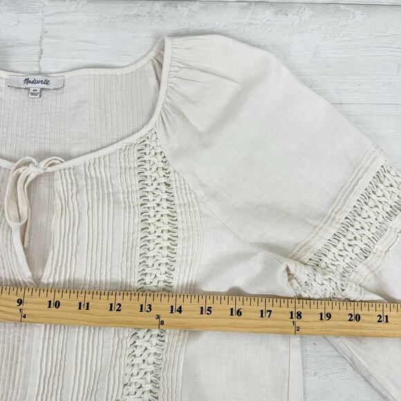 Madewell Peasant Top XS Ivory Linen-Blend Pintuck Boho Bubble Sleeves Babydoll - Picture 12 of 15